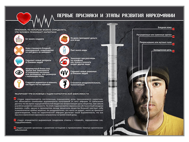 Информационный стенд "Признаки и этапы развития наркомании" Zarnitza