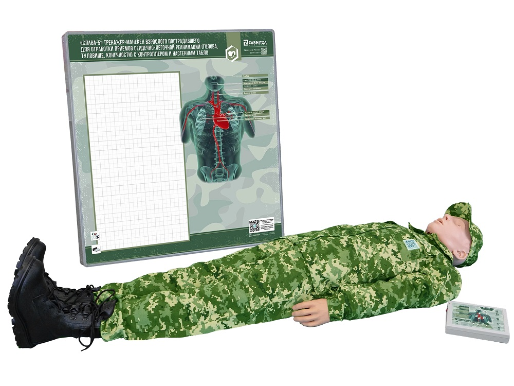 Simulator for mastering cardiopulmonary resuscitation skills for adults with a controller, wall display and light and sound indication "Slava-5" Zarnitza