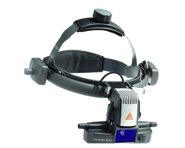 Head-mounted ophthalmoscope Omega 500 complete with transformer EN50 and rechargeable mPack unit